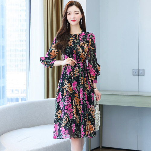 空花雪纺连衣裙女2021新款春秋高端紫色碎花品牌适合胖人裙子,女装连衣裙,潮品会