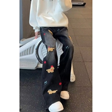 小狗贴布刺绣阔腿牛仔裤女秋季宽松休闲垂感拖地裤子N9188，男装牛仔裤，星座1116A（原606A-3）