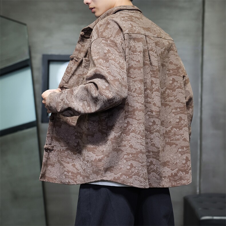2025秋冬新款灯芯绒清明上河图风盘扣唐装汉服2535-P60,男装衬衫,电商A057B
