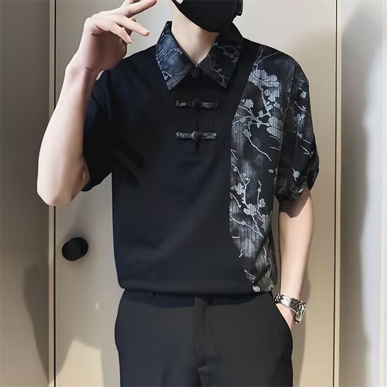 男士短袖Polo衫夏季潮牌痞帅翻领拼接t恤2025新款新中式风上衣,男装Polo衫,星座506A
