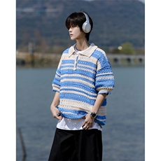 8XL-M特大码美式复古条纹撞色针织POLO衫翻领休闲短袖TDX311P35，男装T恤，电商D206-1