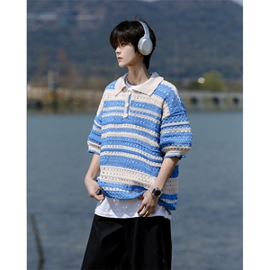 8XL-M 特大码美式复古条纹撞色针织POLO衫翻领休闲短袖TDX311P35图片
