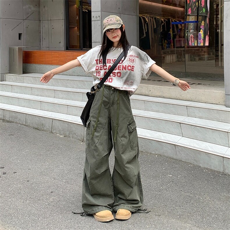 美式复古水洗做旧多口袋工装裤女阔腿宽松直筒百搭长款,女装休闲裤,星座1210-1