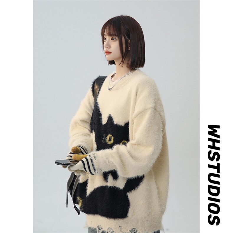 美式复古学院风猫猫趣味针织衫情侣毛衣XZ225-3-MY809-P80控98,男装针织衫/毛衣,星座225-3