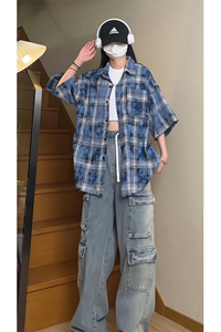 现货 夏季宽松复古磨毛扎染格子短袖毛边衬衫 C16-特P38 控68图片