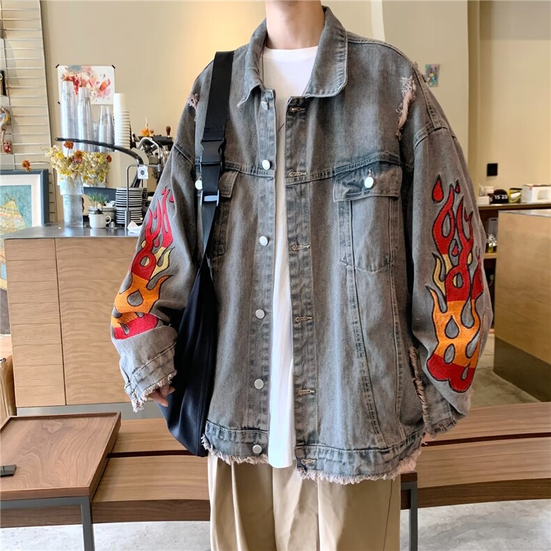 牛仔外套男生秋季新款水洗破坏毛边火焰刺绣高街夹克女J8322-P68,男装夹克,星座1008