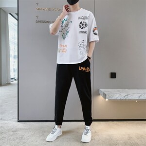 2024夏季潮流时尚T恤男装青少年宽松休闲ins圆领套装F306P68图片