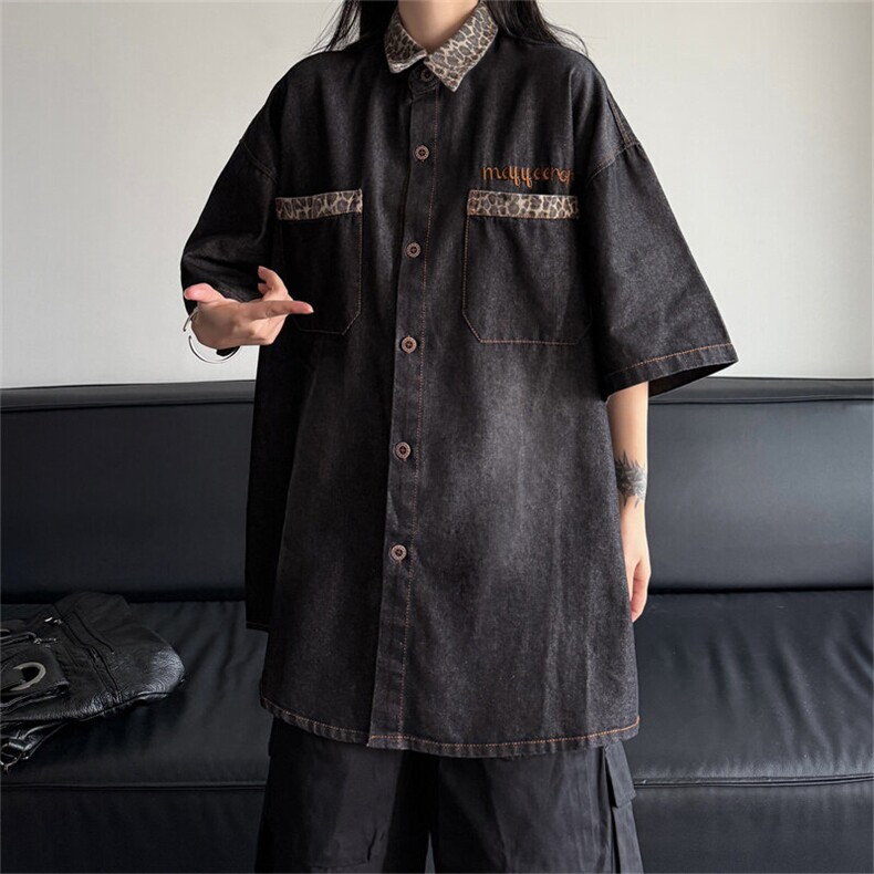 美式高街潮牌时尚高质量短袖衬衫男女复古豹纹拼接衬衣JK1187-P58,男装T恤,星座1103-3