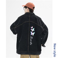 2021秋季新日系大码男镭射炫彩蝴蝶反光印花牛仔夹克外套NJ126P70，男装夹克，电商A001