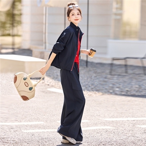 休闲撞色拼接工装套装女2025春秋新款干练时尚高级感阔腿裤三件套图片