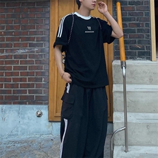 24夏季拼接短袖男女运动美式高街纯棉休闲上衣T恤-T2901特P35现货，男装T恤，星座218-5