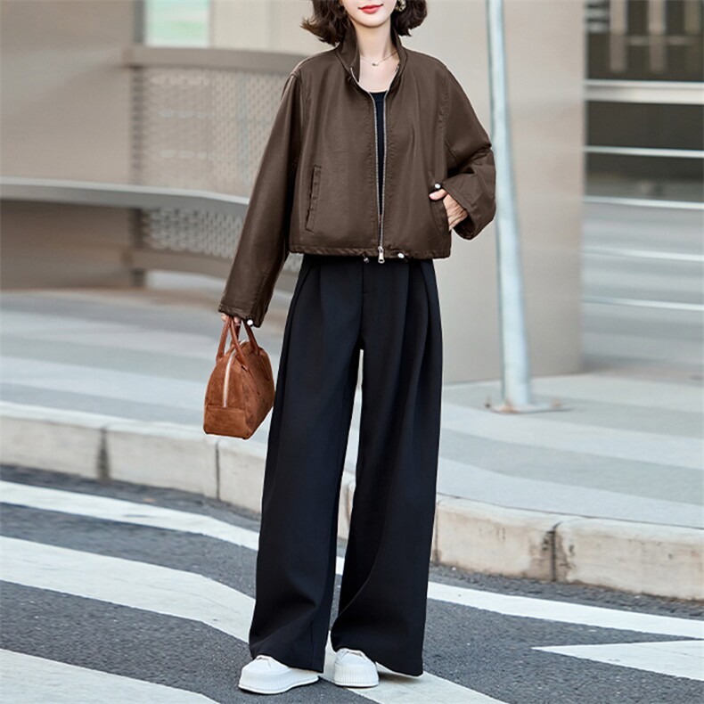 皮衣外套女2024秋季新款小个子高级感休闲短款美拉德棕色机车夹克,女装皮衣,跑量工厂店