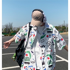 403-CY05-P38控58水果拼接满花衬衫男短袖半袖冰丝衬衣，男装T恤，星座403（原603-1）