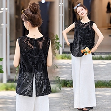 高级感丝绒提花无袖背心衬衫女2025夏新款设计感后背开叉衬衣上衣，女装套装/套裙，美沁