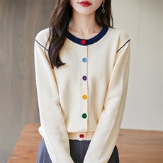2025时尚简约彩扣拼色领子针织衫简约百搭，女装针织衫/毛衣，长今羊