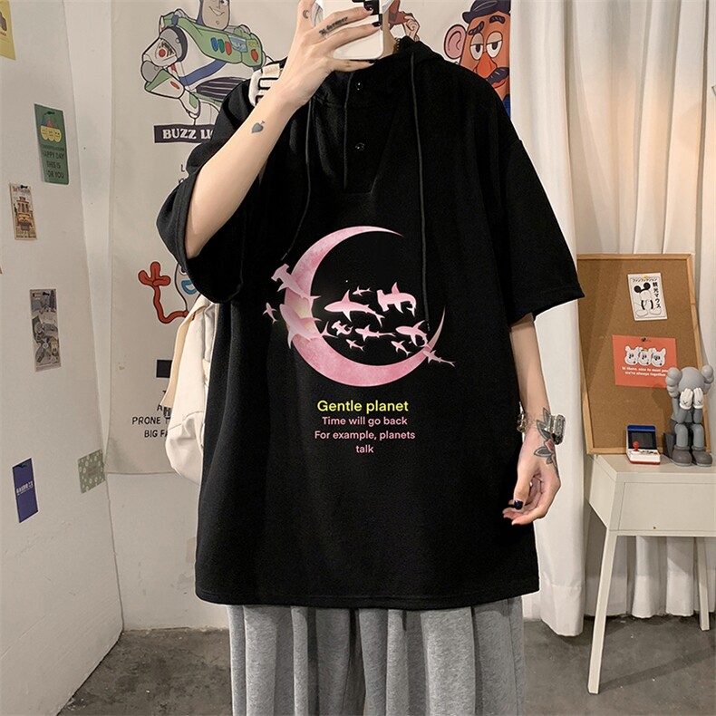 LD54209-P45连帽短袖t恤男大码胖子带帽五分袖中袖海报风,男装T恤,电商A040