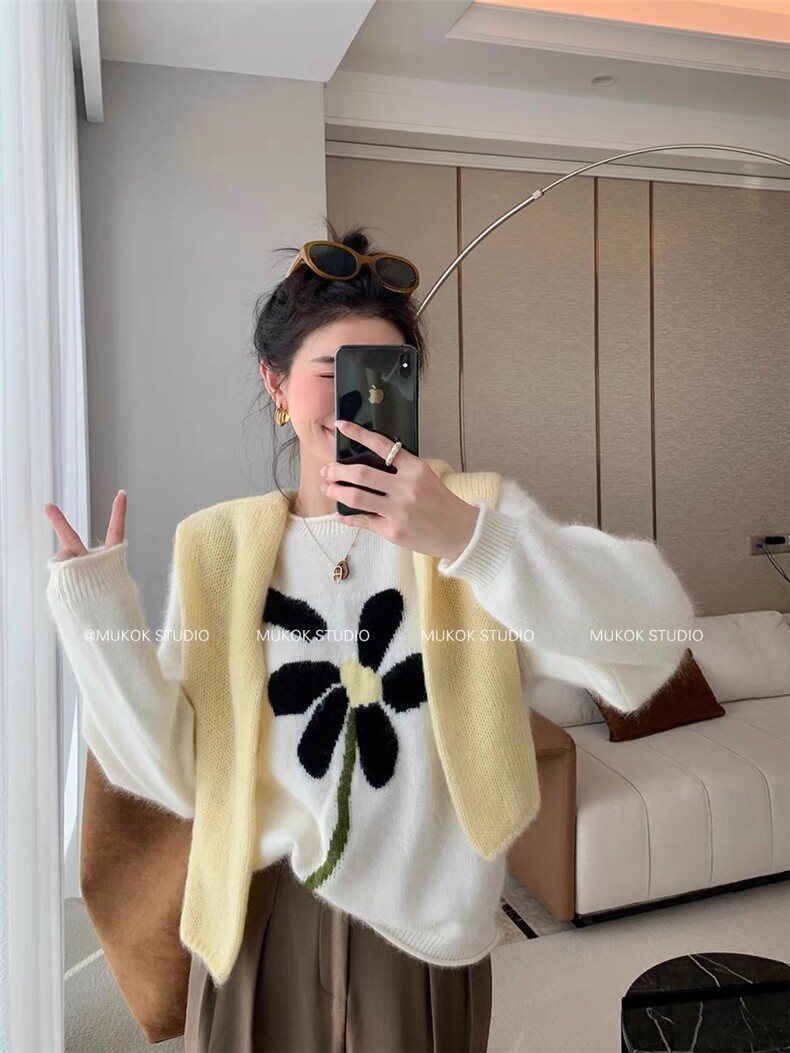 花朵针织衫套头毛衣女秋冬设计感小众宽松减龄针织上衣,女装羊毛衫,思途羊绒