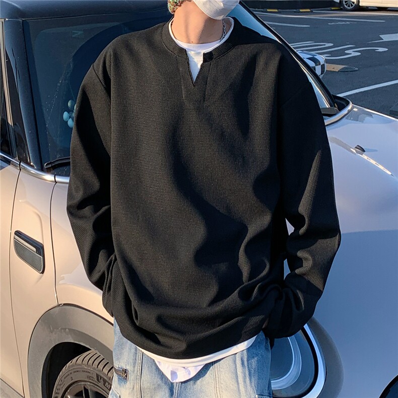 2026春夏大码假两件华夫格长袖T恤男宽松上衣W56683/特P20黑,男装T恤,电商A094