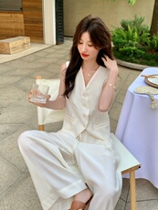 老钱风白色西装马甲阔腿裤套装女夏流行两件套巨好看大方得体ootd，女装套装/套裙，莘蕾