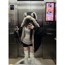 现货重磅硬挺boxy羽绒棉衣座山雕猫耳大毛毛领麂皮棉服冬外套，男装棉衣，电商A486