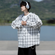 廓形防晒衬衫男夏季长袖冰丝薄款亚麻格子衬衣开衫外套CS29006P48，男装衬衫，电商B312