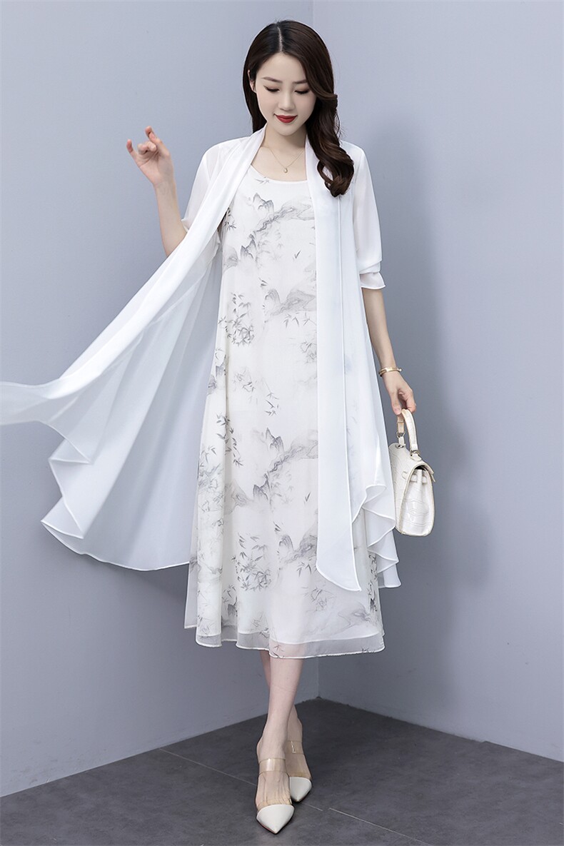 百搭复古雪纺宽松纯白色披肩开衫水墨中国风夏季时尚汉服,女装连衣裙,秀美人生