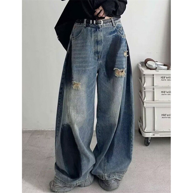 简约春秋季复古做旧宽松破洞直筒裤新款阔腿裤自然腰长裤NT8867，男装牛仔裤，星座1116A（原606A-3）