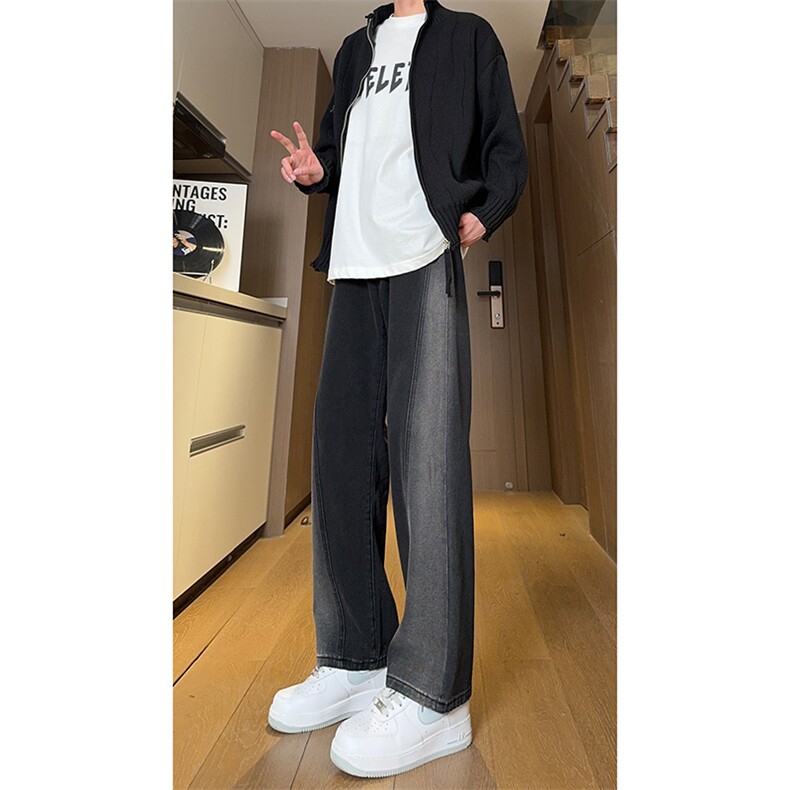 现货黑紫色拼接宽松阔腿直筒撞色休闲牛仔裤男女K5820-P50控78,男装牛仔裤,星座205