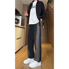 现货黑紫色拼接宽松阔腿直筒撞色休闲牛仔裤男女K5820-P50控78，男装牛仔裤，星座205