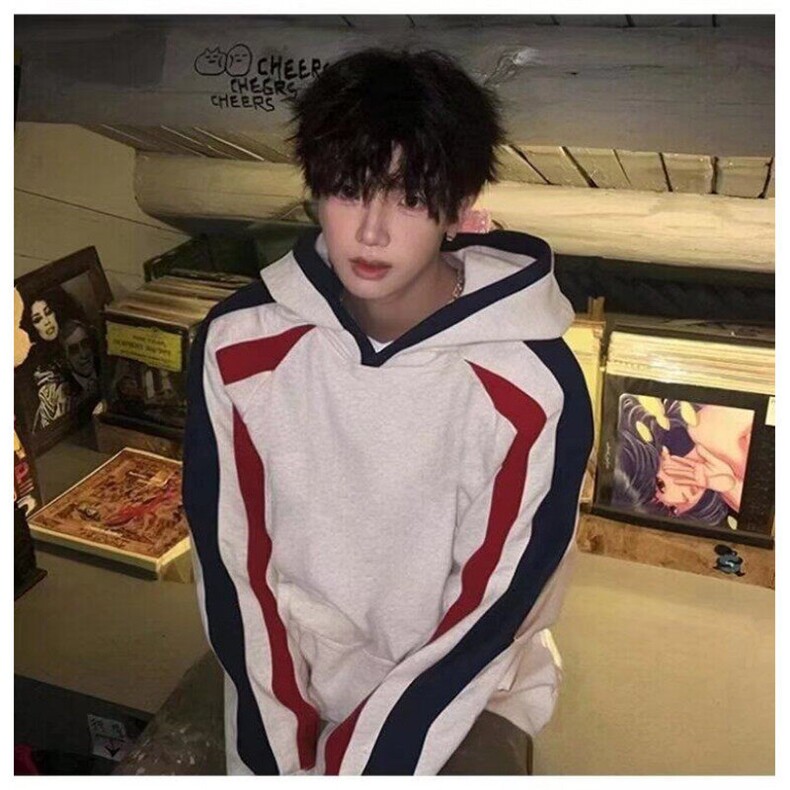 今年流行新款美式撞色连帽卫衣女慵懒风加绒秋冬款潮牌高级感外套图片