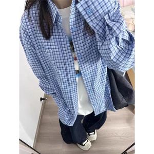 复古长袖格子衬衫女春秋休闲叠穿宽松纯棉上衣图片