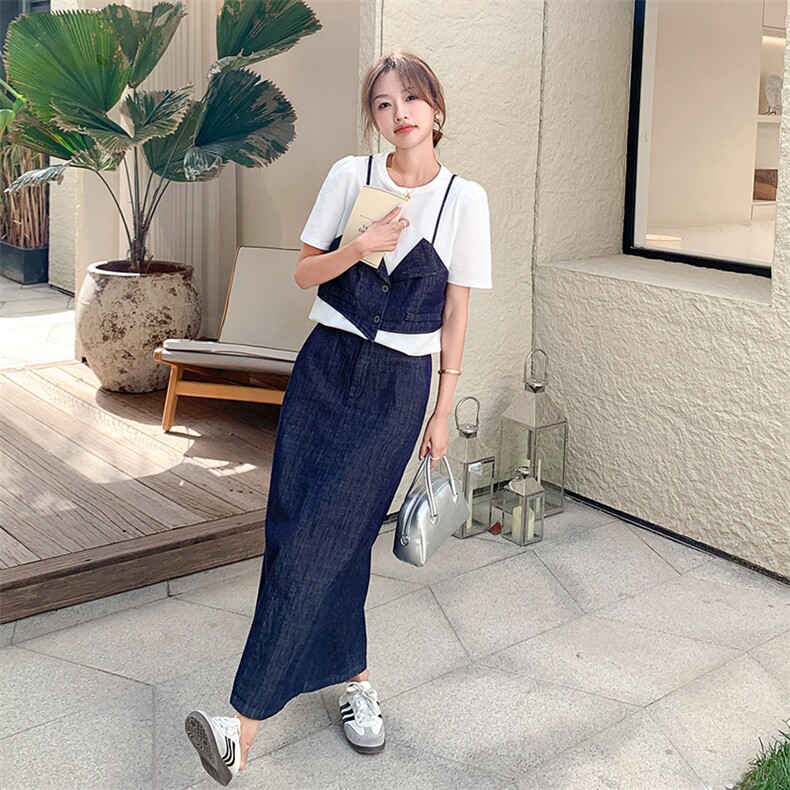 2025夏季新品！牛仔假两件衬衫连衣裙两件套,女装套装/套裙,自然秀