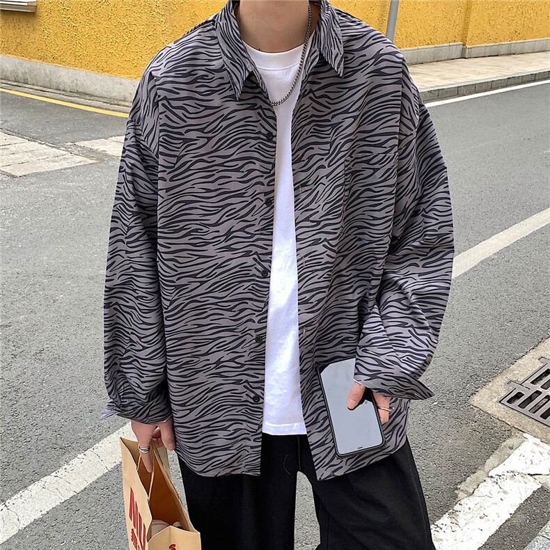 秋装港风斑马纹衬衫长袖男衬衣潮流宽松上衣外套DX165P45控58,男装衬衫,电商B413-1