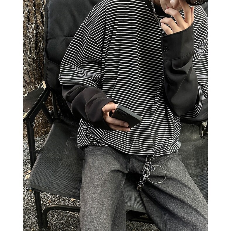 高级感新款男装假两件时尚ins氛围感条纹长袖T恤圆领男女WE12/P48,男装T恤,星座506