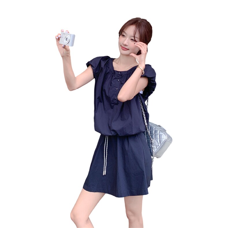 藏青色时尚一整套穿搭泡泡袖上衣套装裙女2025夏新款半身裙两件套,女装套装/套裙,浙宝220