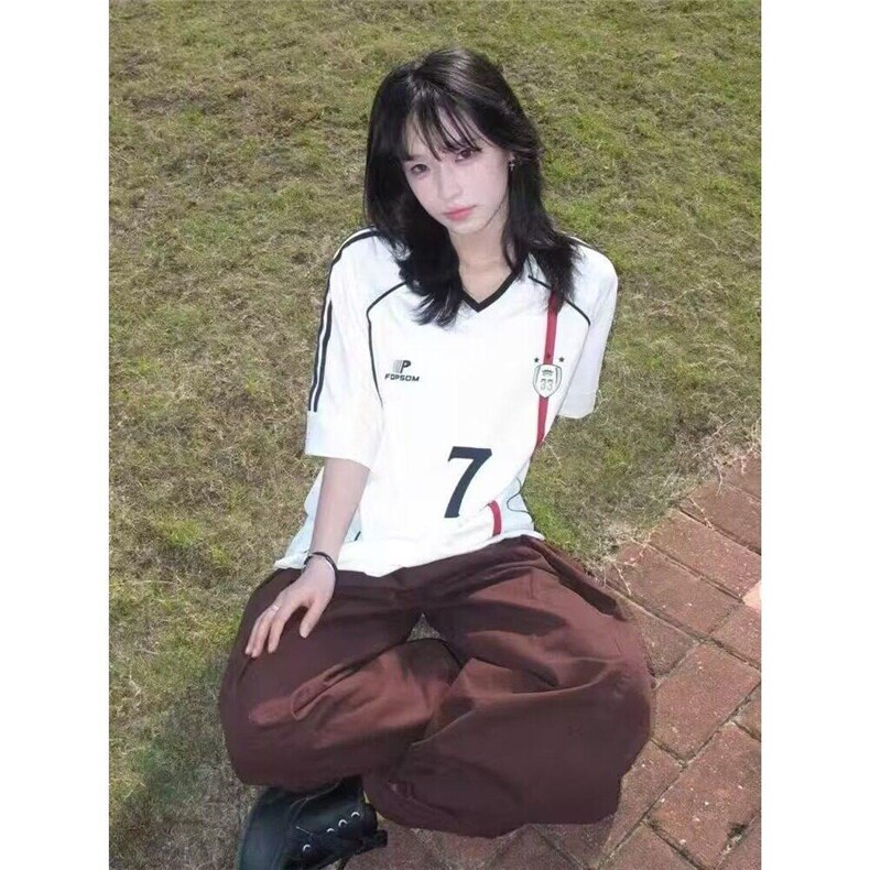 美式条纹v领短袖t恤女夏季宽松休闲设计感高级感球衣LT811-p44,男装T恤,星座1008