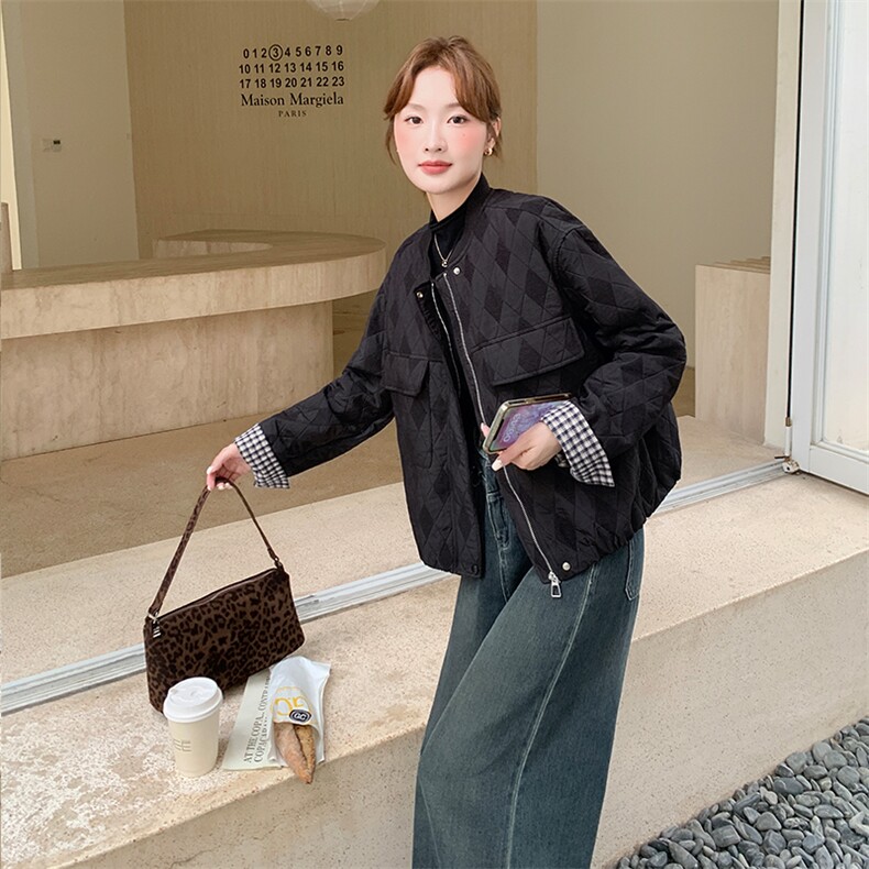 韩系慵懒风撞色拼接菱格短外套冬小个子保暖加厚夹克上衣，女装短外套，浙宝113