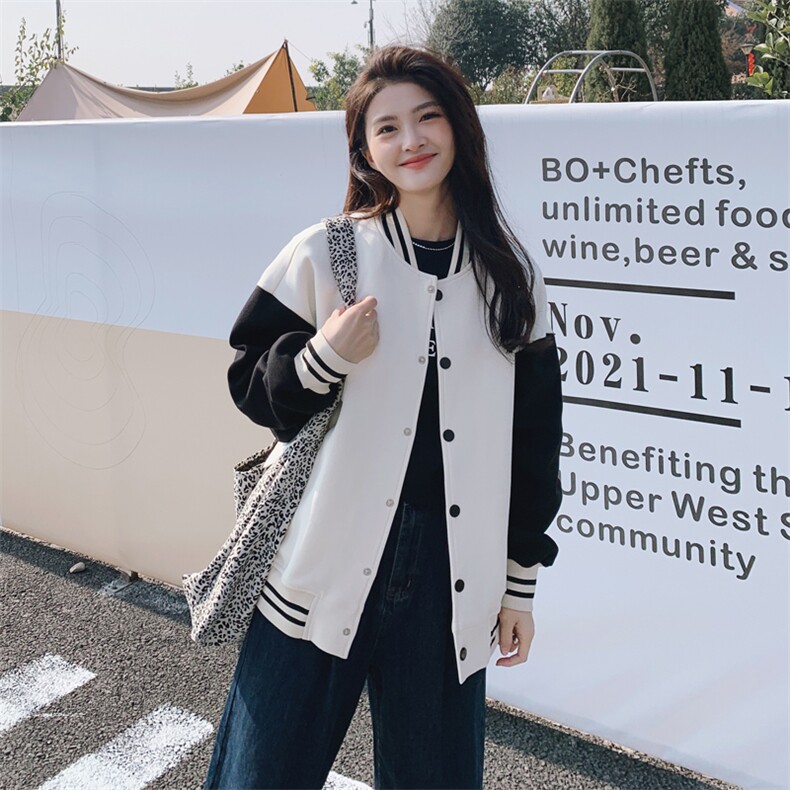 现货主推拼色棒球服休闲时尚短外套,女装短外套,菡迪欧娜