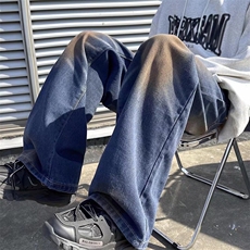 美式复古做旧水洗渐变牛仔裤男宽松休闲直筒阔腿长裤子，男装牛仔裤，星座410-7