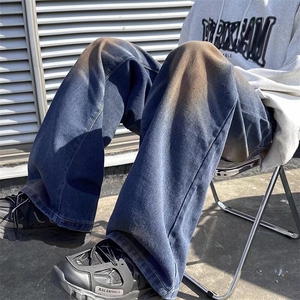 美式复古做旧水洗渐变牛仔裤男宽松休闲直筒阔腿长裤子图片