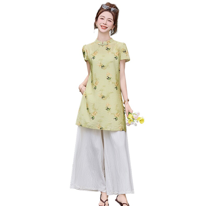 民族风欧根纱连衣裙女夏2025新款绣花复古旗袍套装裤宽松两件套,女装套装/套裙,芷墨服饰