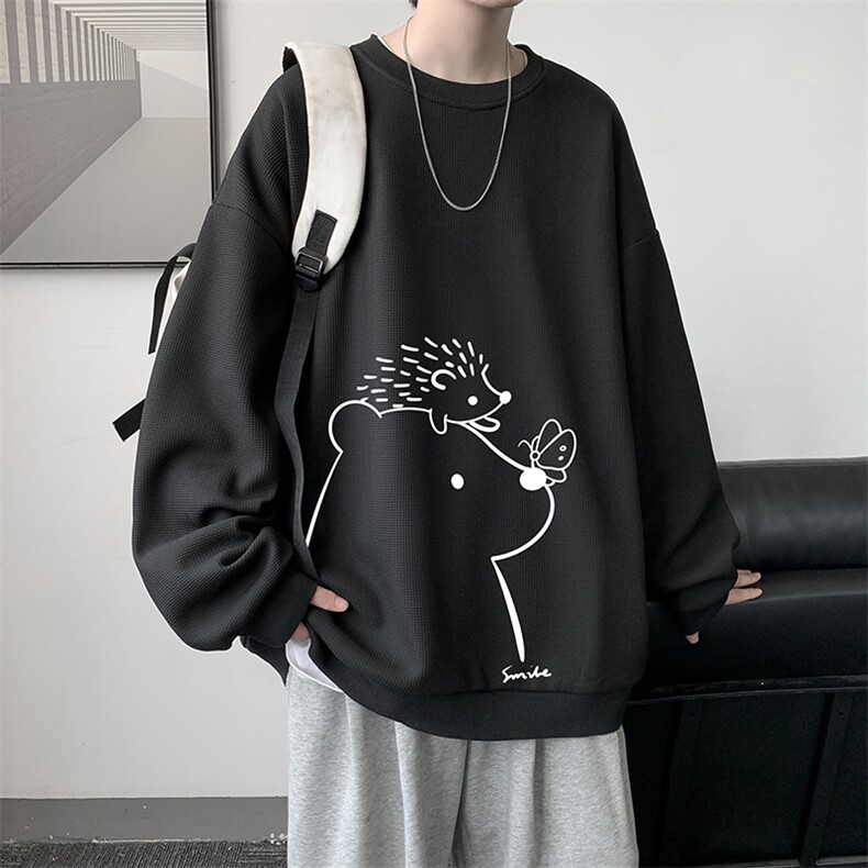 华夫格卫衣圆领卫衣男大码长袖t恤男外套HW76166-P30加绒款-P40,男装卫衣,电商A040