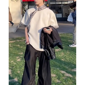 蛇纹卷边拼接t恤男款夏季小众丝巾设计感短袖美式高级感垫肩半袖图片