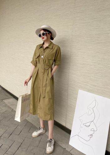 ［爱美欧］夏季新款带腰带长款衬衫连衣裙，女装衬衫，爱美欧