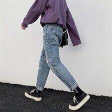 爆款主推2021春夏季牛仔裤男青少年休闲新款港风破洞裤子，男装牛仔裤，星座308B-2
