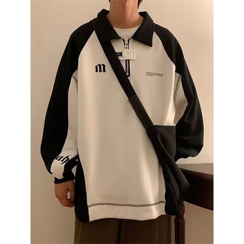 1506/QHYQ070/P39潮牌港风拼色长袖Polo衫男刺绣字母半拉链卫衣,男装Polo衫,星座1506