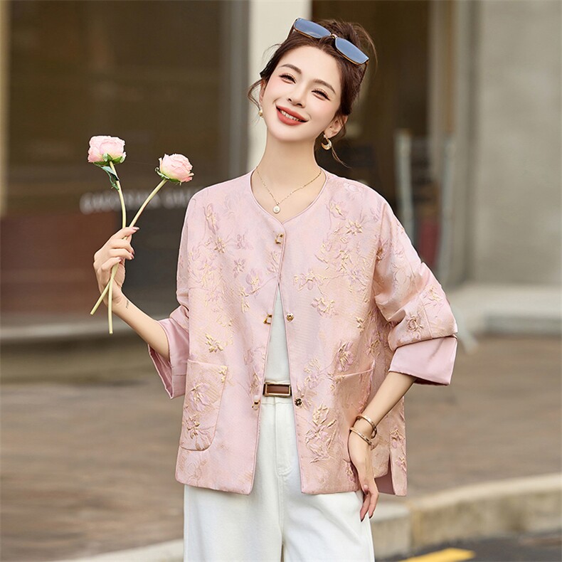 粉色小香风圆领提花外套女2025春季新款今年流行新中式小西服上衣,女装短外套,美沁