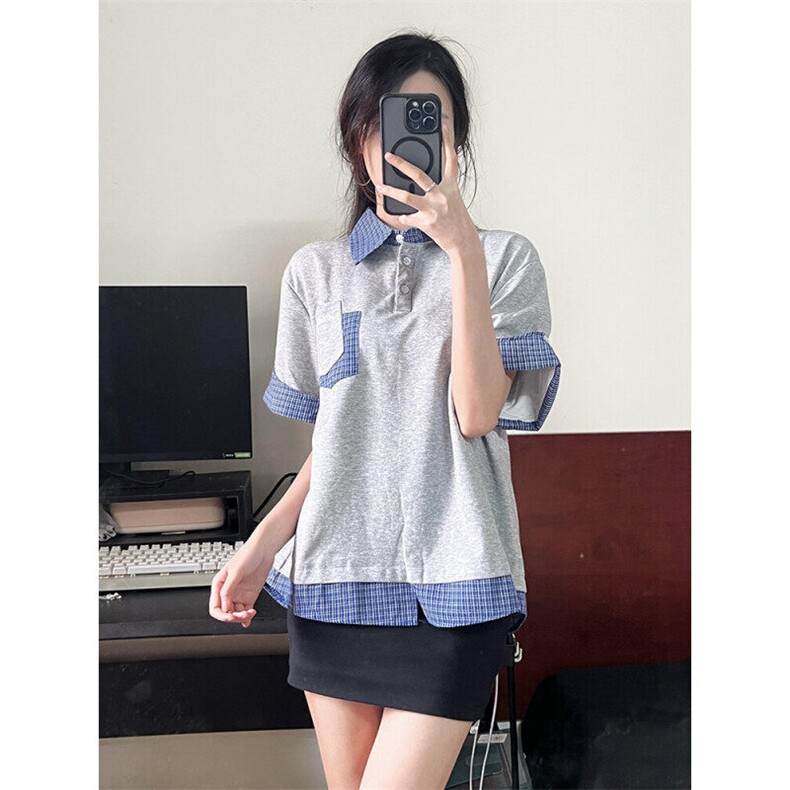 美式假两件格纹短袖t恤女夏季设计感小众polo衫上衣LY50700-p39,男装T恤,星座1008