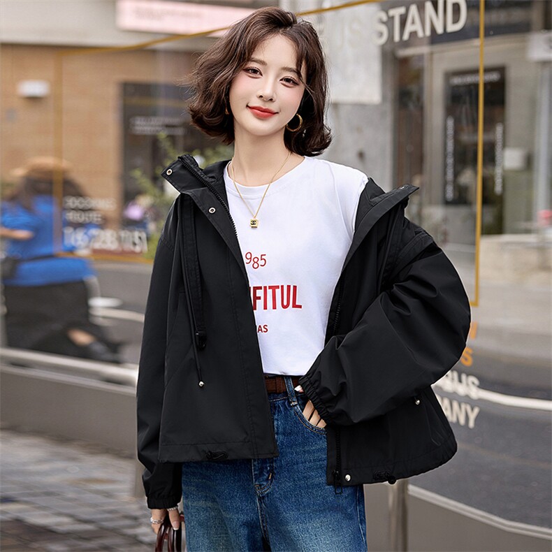 短款风衣外套女2024秋季新款时尚宽松显瘦小个子气质休闲连帽上衣,女装风衣,美沁