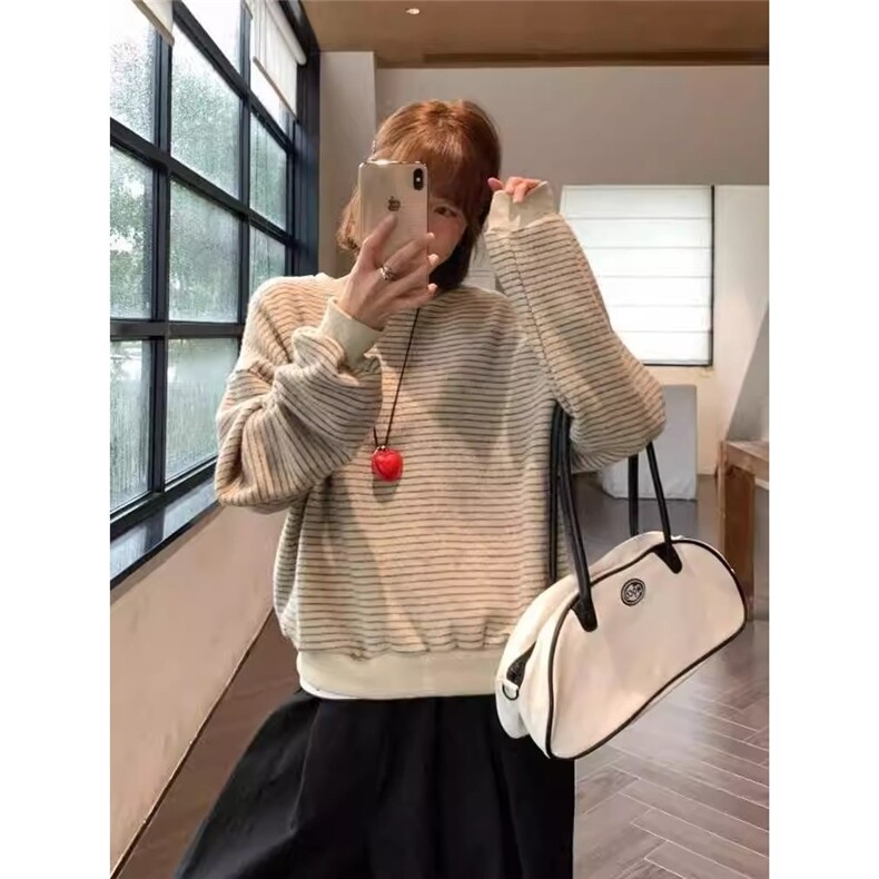 韩系慵懒条纹圆领卫衣女秋季新款设计感宽松显瘦百搭休闲长袖上衣,男装卫衣,星座516A